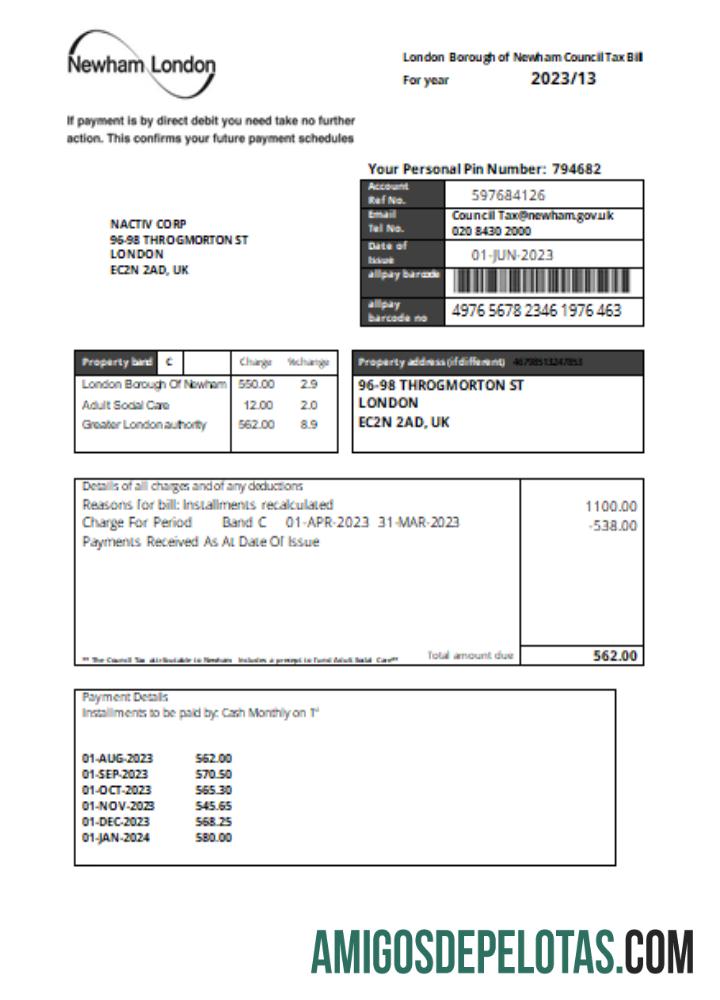 Projeto de lei fiscal sobre negócios fiscais do Newham London Borough Council, SCR exemplo real